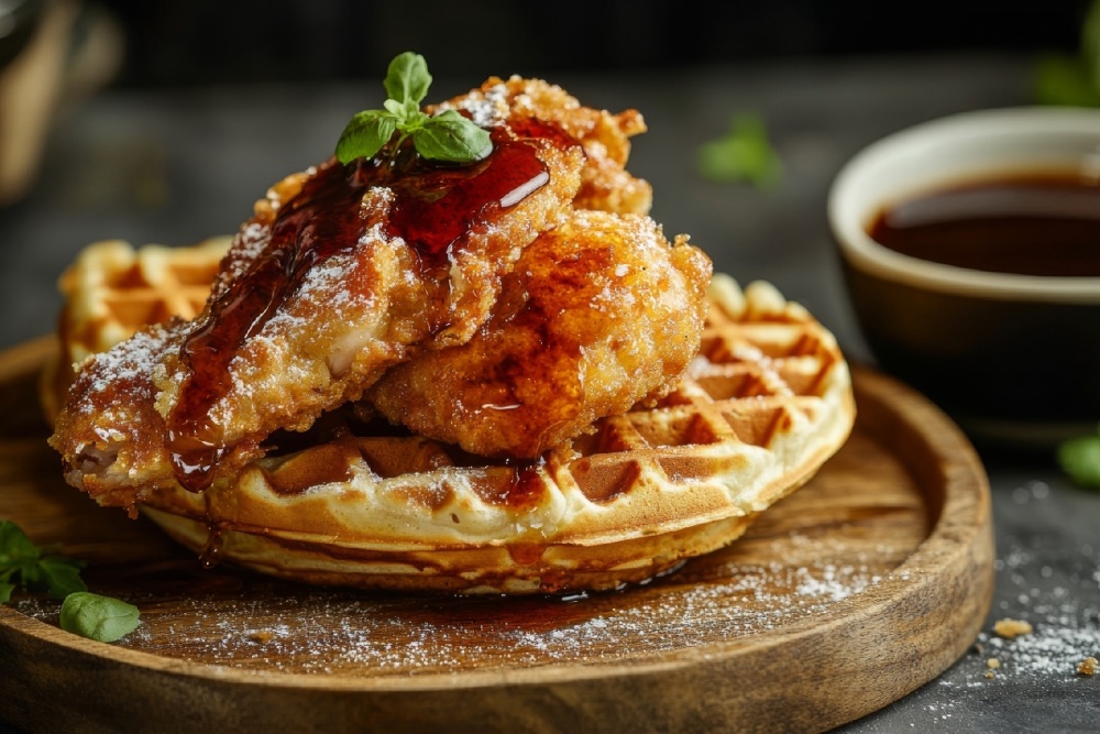 Chicken and waffles at Cadillac Jo's — Belgian waffles with honey-glazed tenderloins