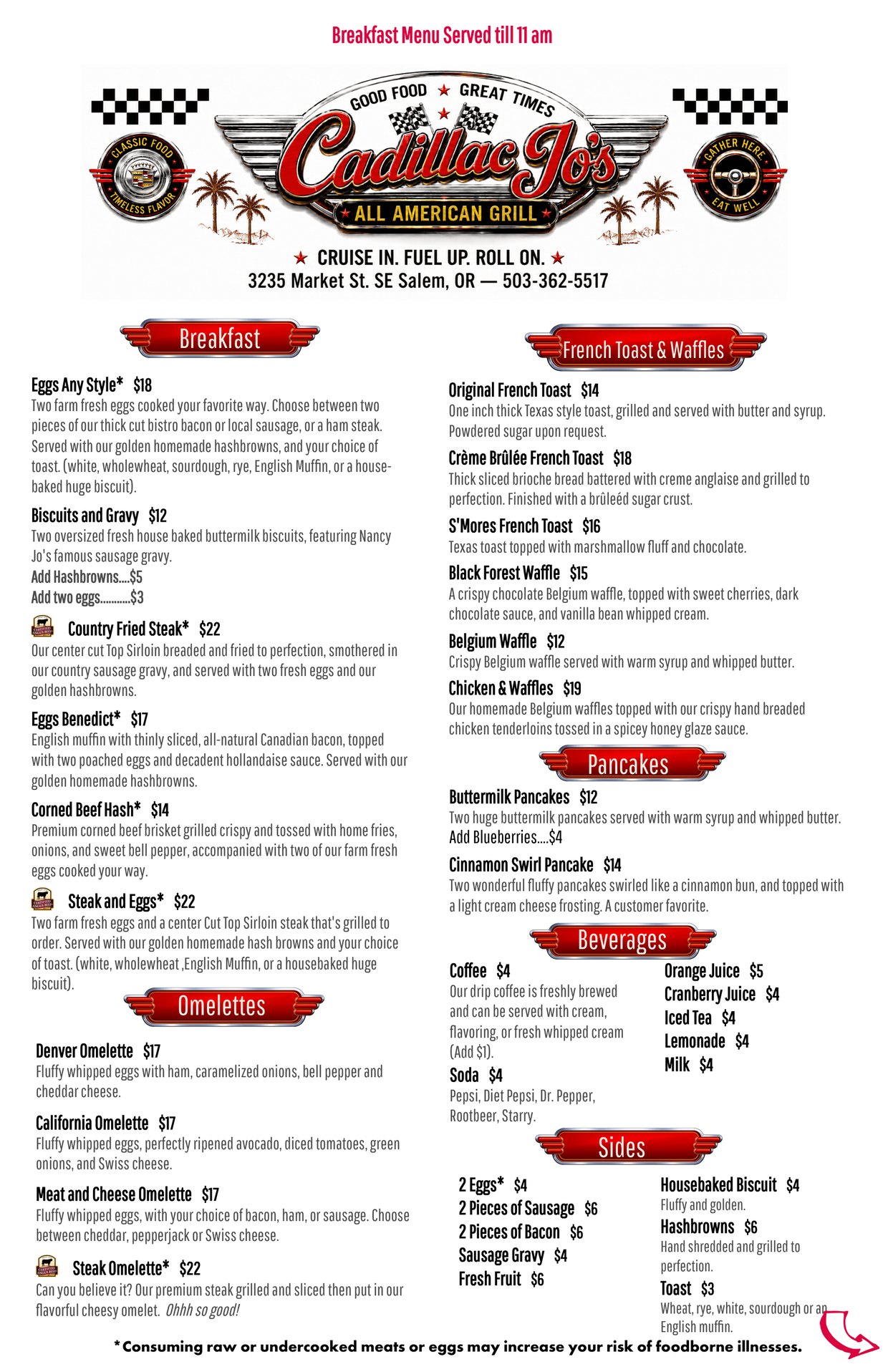 Cadillac Jo's All American Grill breakfast menu, Salem Oregon