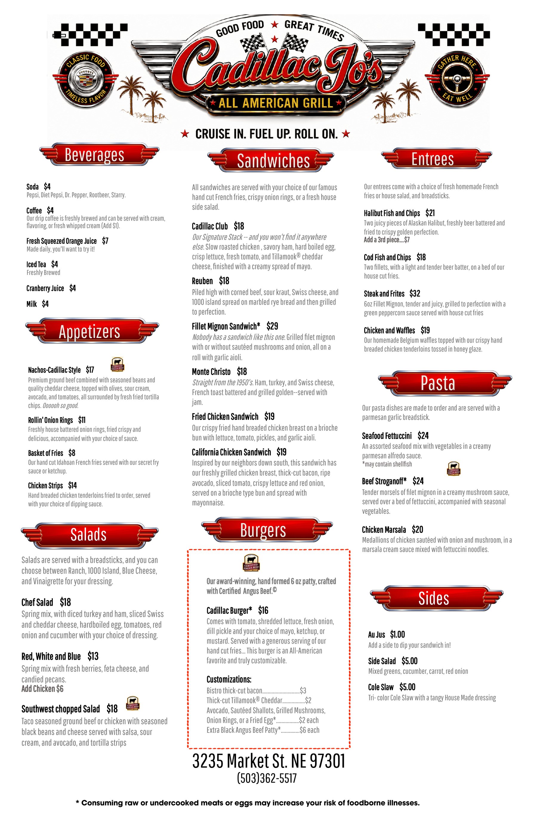 Cadillac Jo's All American Grill full printed menu, Salem Oregon